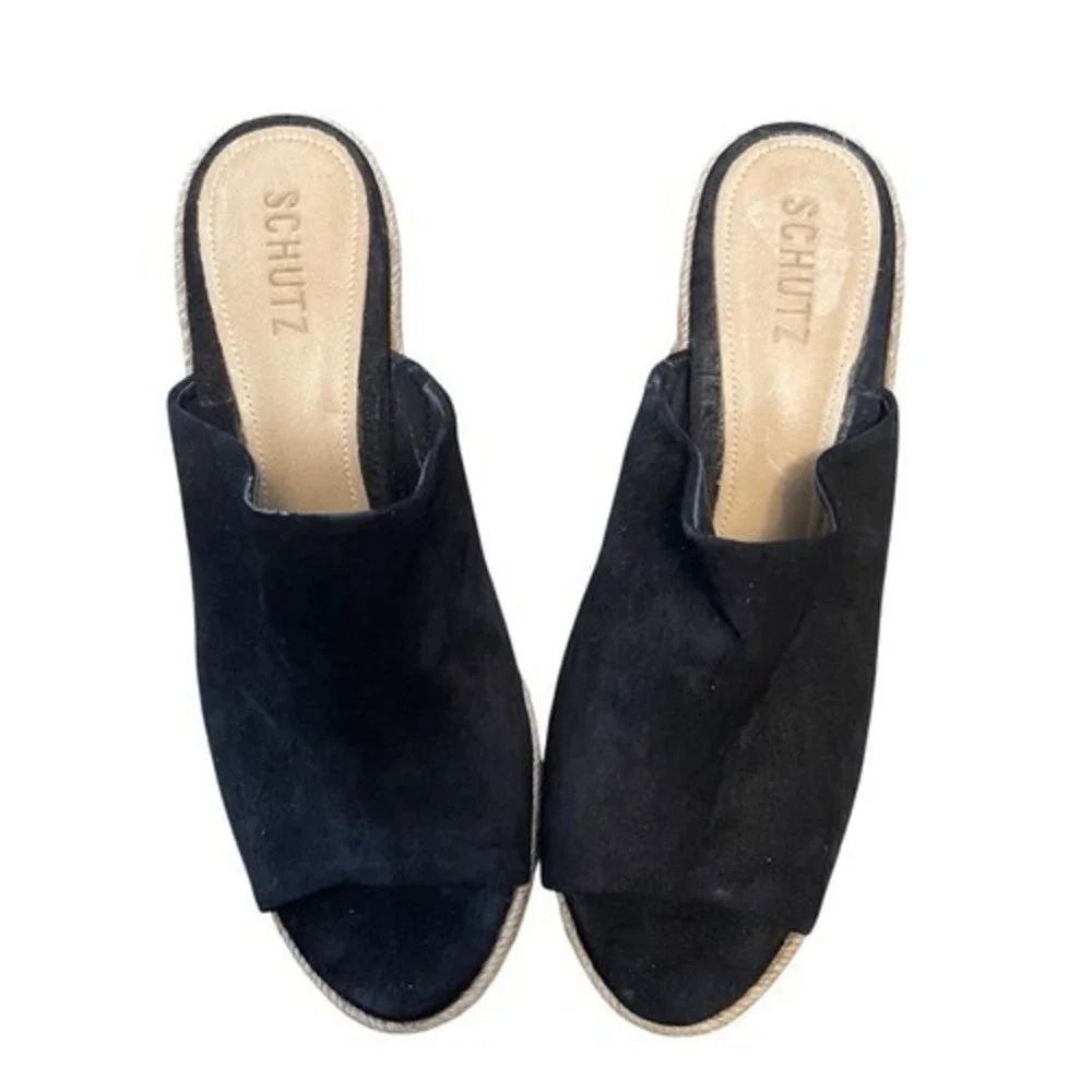 Schutz Black Suede Espadrille Platform Mule Sandals Chunky Block Heel Open Toe